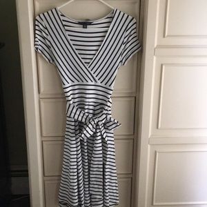 Navy/white striped v neck dress w/ full skirt